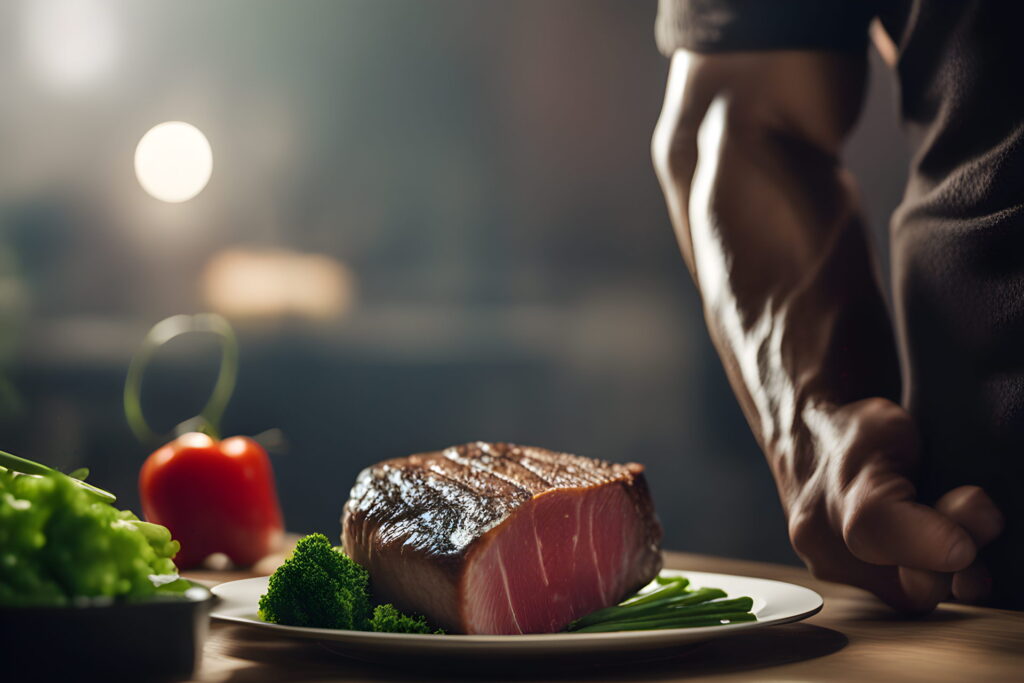 vegetables steak meat man healthy food muscle realistic photo of, award winning photograph, 50mm, Cinematic Lighting