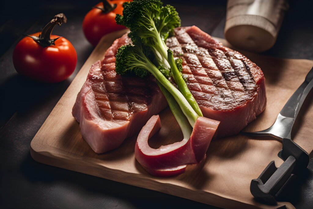 vegetables steak meat weights healthy food muscle gym realistic photo of, award winning photograph, 50mm, Cinematic Lighting