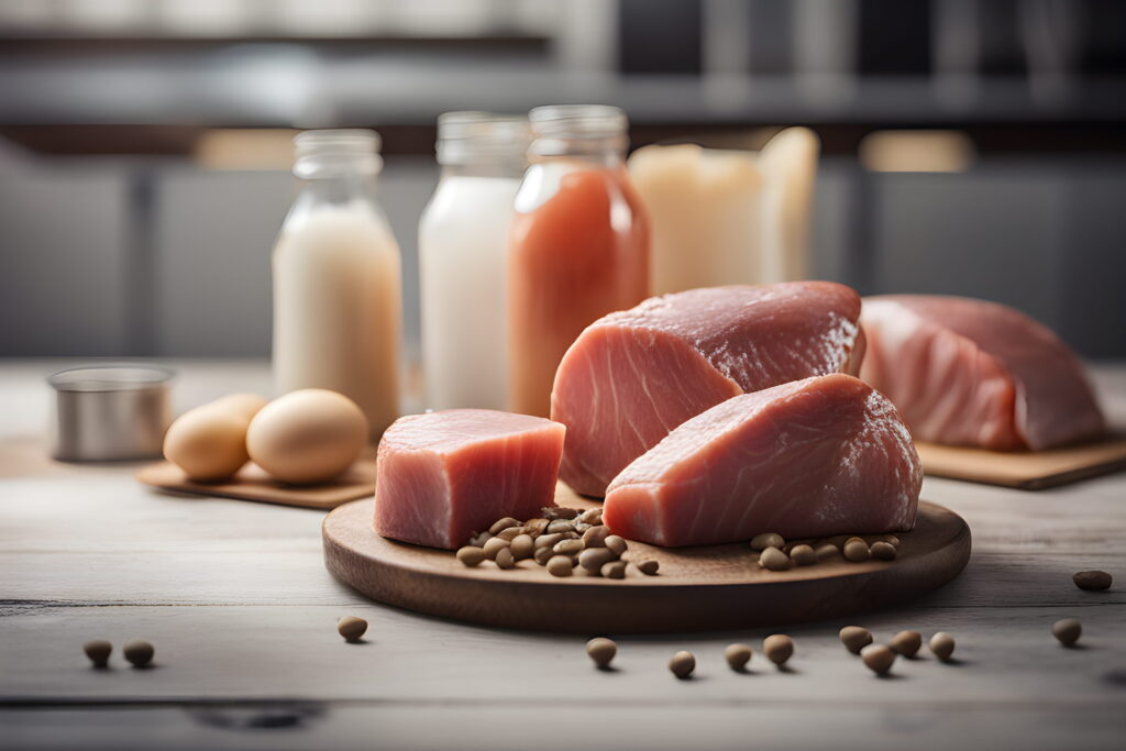 protein amino acids food build muscle realistic photo of, award winning photograph, 50mm, Cinematic Lighting